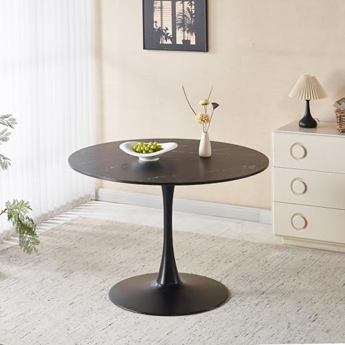 42.1 Inch Marble-Look Round Dining Table, Black Tulip Kitchen Table for 4-6 | MDF Two-Panel Top, Metal Pedestal Base, Smooth Easy-Clean Surface, For Dining Rooms And Breakfast Nooks - color: Black, size: 42.1 Inches