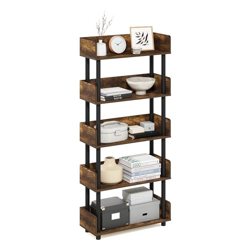 Furinno TURN-N-TUBE 5-Tier Display Shelf, Storage Shelves, Book Shelf, Open Shelves with Rounded Corner Top Edges, for Organization and Storage, Living Room, Home Office, Amber Pine - color: Amber Pine/Black, size: 5-Tier Display Rack