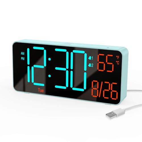 Alarm Clock for Bedroom, 6.7in Small Digital Clock, Auto Dimming, Room Temperature, Day of The Week, Date, Alarm Clocks for Living Room, Desk Clocks - color: Blue (Blue + Orange Digits)