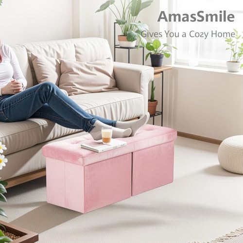 AmasSmile Footrest Ottoman Storage Bench,34" Velvet Folding Chest,Pink | Large Ottoman with Storage,Thicker Foam Padded Seat,Livingroom,Dorm,Bedroom,Entryway,Easy to install,34 x 13 x 13in - color: Pink-velvet