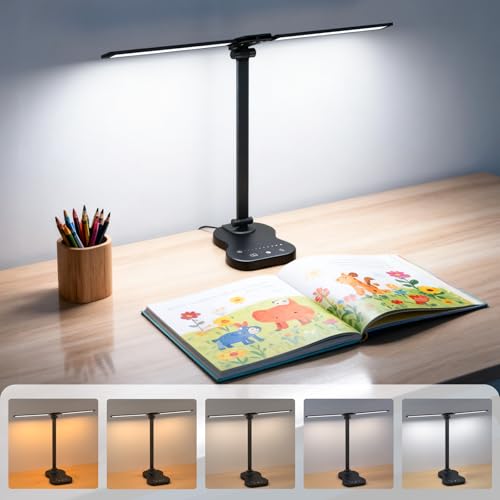 Desk Lamps for Home Office, LED Desk Light, Black | 5 Color Modes, 10 Brightness, with USB Charging Port, Dual Swing Arm Dimmable Desk Lamps for Home Office Nail Dorm - color: Black