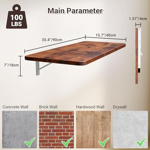 Neoaider Wall Mounted Folding Desk 35.4” x 15.7”, Brown | Drop Down Table with Metal Collapsible Brackets, Folding Wall Table for Small Spaces, Home, Office, Kitchen, Laundry Room - color: Brown, size: 35.4" x 15.7"