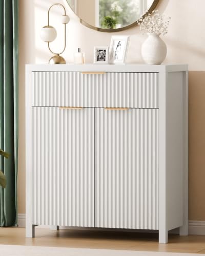 Fluted Buffet Cabinet for Kitchen, 28.3" Sideboard Cabinet White | Adjustable Shelves, Quiet Full-Extension Slides, Curved Metal Handle, Coffee Bar with Drawers for Dining Room, Entryway - color: White, size: 13.8"D x 28.3"W x 32.7"H