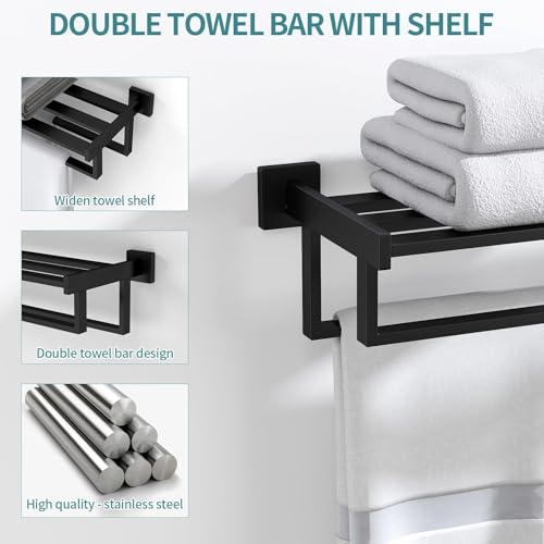 STWWO Towel Racks for Bathroom Wall Mounted, 24 Inch Black Double Towel Bar | Dual Towel Rack with Shelf, Double Towel Bar with Shelf, Stainless Steel Hand Towel Hanger, Bath Towel Holder for Wall - color: Black