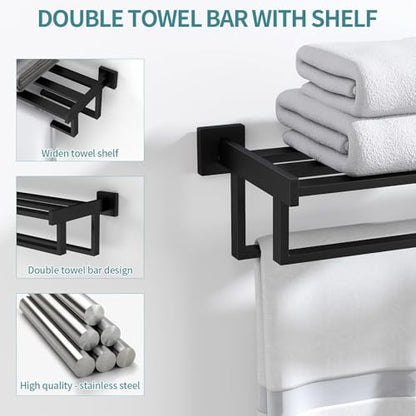 STWWO Towel Racks for Bathroom Wall Mounted, 24 Inch Black Double Towel Bar | Dual Towel Rack with Shelf, Double Towel Bar with Shelf, Stainless Steel Hand Towel Hanger, Bath Towel Holder for Wall - color: Black