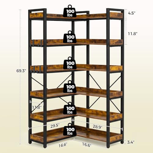 GTPLAYER 6-Tier Corner Bookshelf, L-Shaped Metal Frame Shelf with Tall 14" Shelves, Plant Stand and Storage Rack for Small Spaces, Living Room and Home Office, Vintage Brown - color: Vintage Brown, size: 6 Tier