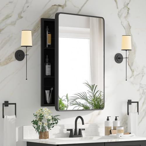 Medicine Cabinet with Mirror, 20x26 Inch Black Bathroom Mirrored Cabinet, Metal Framed Wall Cabinet with Beveled Mirror, Modern Surface Mount or Recessed Medicine Cabinet with Storage - color: Black, size: 20*26inch