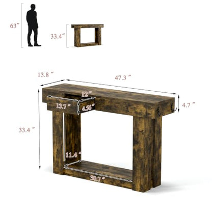 47'' Console Table with 2 Drawers and Open Storage, Entryway Table with Socket, LED Light and Hooks, Narrow Long Wood Sofa Table Behind Couch Table for Living Room, Hallway, Foyer, Brown - size: 47'' IN