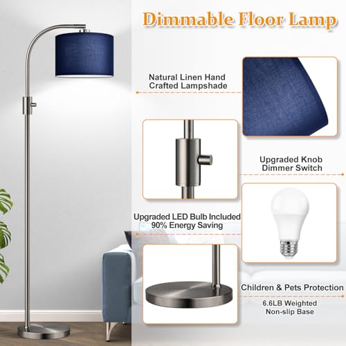 Nintiue Upgraded Modern Arc Dimmable Tall Standing Floor Lamp with Blue Shade, 1200 Lumens LED Bulb Included, for Living & Reading Room, Bedroom, Office & Nursery, Brushed Nickel - color: Brushed Nickel-Blue Shade