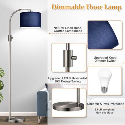 Nintiue Upgraded Modern Arc Dimmable Tall Standing Floor Lamp with Blue Shade, 1200 Lumens LED Bulb Included, for Living & Reading Room, Bedroom, Office & Nursery, Brushed Nickel - color: Brushed Nickel-Blue Shade
