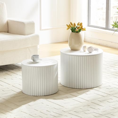 Round Nesting Coffee Table Set of 2, Wood Side Tables with Storage | Fluted Walnut Accent and End Tables Sets, Mid Century Modern, for Living room, bedroom, office, small spaces, White - color: 19.17" White With Storage