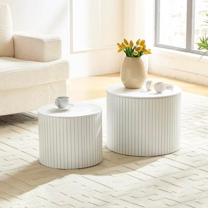 Round Nesting Coffee Table Set of 2, Wood Side Tables with Storage | Fluted Walnut Accent and End Tables Sets, Mid Century Modern, for Living room, bedroom, office, small spaces, White - color: 19.17" White With Storage