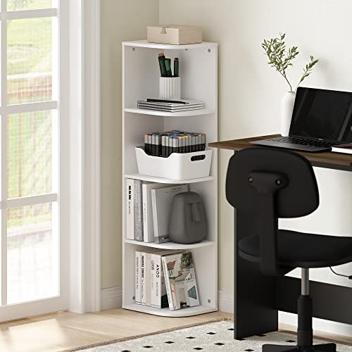 Furinno Pasir 4-Tier Corner Open Shelf Bookcase, White | 9.3 x 12 x 41.4, Bookshelf, Standing Bookcase, for Organization and Storage, for Living Room, Bedroom, Home Office - color: White, size: 4-Tier Corner