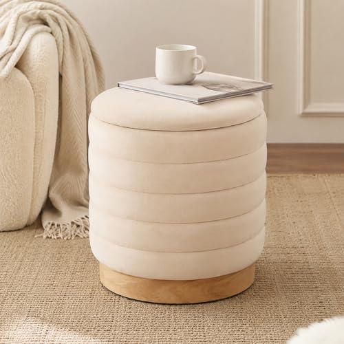JHY DESIGN Round Ottoman with Storage, 16.5" H Velvet Footstool with Removable Lid & Solid Wood Base – Padded Seat Storage Ottoman for Bedroom, Living Room, Vanity(Cream)
