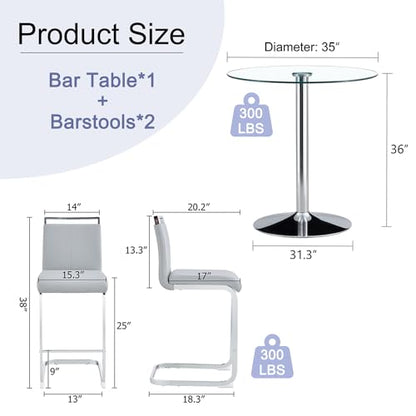 Bar Table and Chairs Set of 2,Round Counter Height Dining Table Set,35” Glass Round Bar Table Set with Light Grey Bar Stools,Sturdy Silver Chrome Base,Small Pub Table Set for Apartment,Kitchen(36"H - color: Silver&light Grey