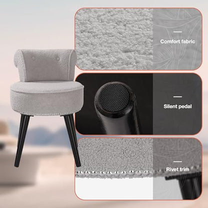Vanity Chair with Back, Sherpa Stool with Tufted Backrest & Silver Nailhead Trim, Round Vanity Seat for Bedroom and Bathroom Makeup, Support 220lbs, Easy Assembly (Teddy Gray) - color: Sherpa Gray