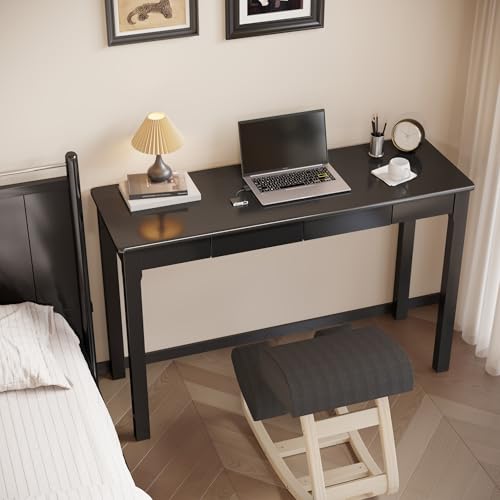 100% Solid Wooden Desk with Drawers - 47 x 16 Inch Modern Narrow Desks, Rubber Wood Study Table, Small Writing Desk for Small Spaces|Bedroom - Black Desks - color: Black, size: 47.2 in W x 15.7 in D