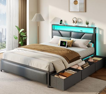 Queen Bed Frame with Storage Headboard, 6 Drawers, LED&Charging | 2-Tier PU Leather Upholstered Headboard, Charging Station&RGB Lights, No Box Spring Needed, easy assembly, Noise-Free,Black - color: Black, size: Queen