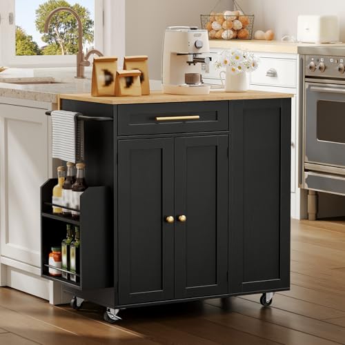 Kitchen Island with Storage, Rolling Kitchen Table with Drop Leaf, Charging Station, 3 Open Adjustable Shelf & Drawer, Towel Rack, Mobile Kitchen Cart for Dining Room, Black and Natural - color: Black + Natural