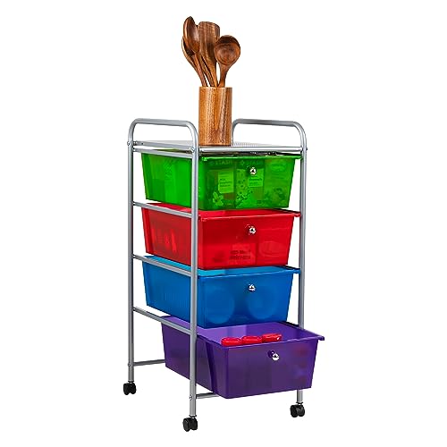 Mind Reader Rolling Cart with Drawers, Utility Cart, Craft Storage, Kitchen, Metal, 12.75"L x 15.25"W x 30"H, Multi-color