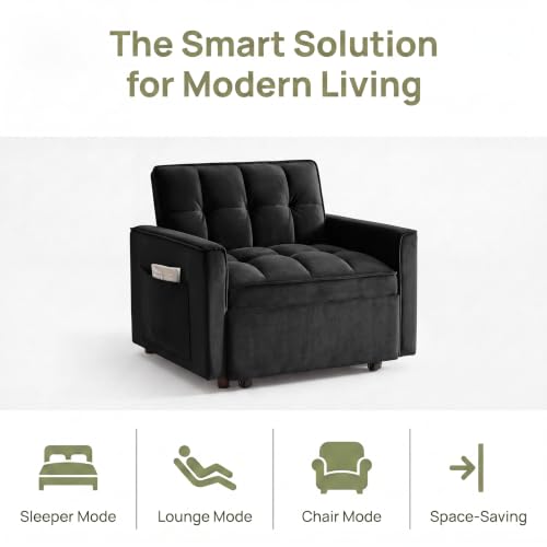 Sleeper Chair with Pull Out Bed, 3 In1 Convertible Couch Bed, Black | Adjustable Backrest,Soft Cushioning,Handy Side Pocket - color: D-black-g4