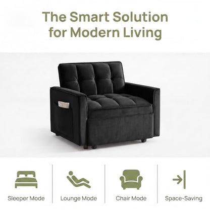Sleeper Chair with Pull Out Bed, 3 In1 Convertible Couch Bed, Black | Adjustable Backrest,Soft Cushioning,Handy Side Pocket - color: D-black-g4