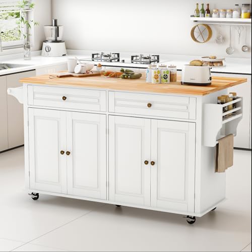 Kitchen Island Cart with Wood Top and Drop Leaf, Rolling Kitchen Island Table on Wheels with Drawer, Storage Cabinet, Spice Rack and Towel Rack for Dining Room, White - size: 67.1" W, style: White