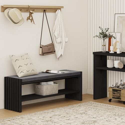 40" Entryway Shoe Bench with Storage & Cushion, Modern Fluted Shoe Rack for Mudroom, Sturdy Wooden Hallway Bench with 360 lbs Capacity, Black Oak - color: Black Oak