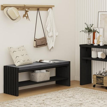 40" Entryway Shoe Bench with Storage & Cushion, Modern Fluted Shoe Rack for Mudroom, Sturdy Wooden Hallway Bench with 360 lbs Capacity, Black Oak - color: Black Oak