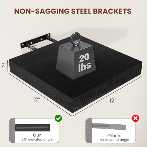 Vivelove Square Floating Shelves 12x12” Set of 2, Black | Easy Install with Hardware, Invisible Brackets, No Sagging, Living Room Display Shelf, 2" Thick，Engineered Wood - color: Black, size: 12”wx12”dx2”h