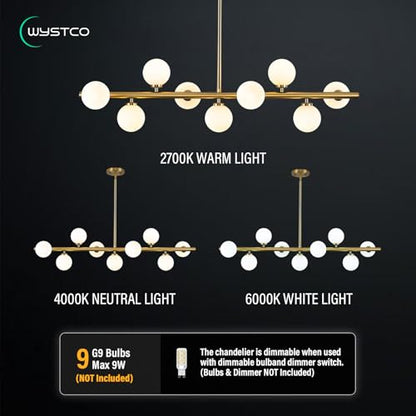 Mid Century Modern Globe Sputnik Chandelier, 9-Light Linear Chandeliers for Dining Room and Kitchen Island, Dining Light Fixture Over Table, Brass Gold and Milk White Glass Bubble, 40 Inch - color: Gold Milk White, size: 9-Light 40 Inch