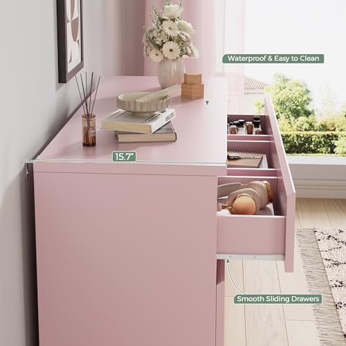 Jocoevol Modern Pink 7 Drawer Dresser for Bedroom, Simply Chest of Drawers, Wood Storage Dresser with Deep Drawers for Living Room Hallway Entryway, Pink - color: Pink