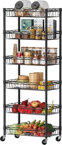 SINGAYE 6 Tier Shelf Wire Shelving Adjustable Storage Shelves Basket Rack | Adjustable Shelves with Wheels Metal Storage Unit Closet Bathroom Organizers Pantry Kitchen Garage Laundry Room Black - color: Black, size: 6-Tier[17"Dx12"Wx63"H]