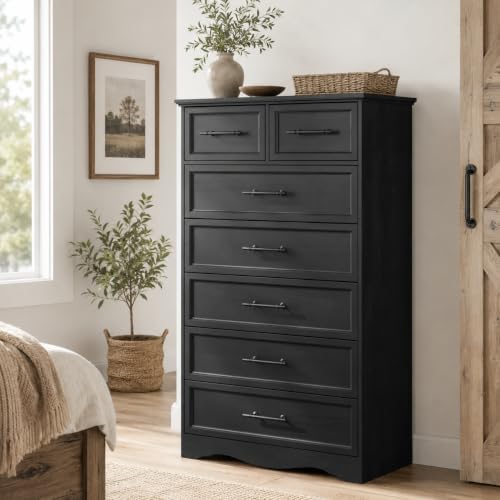 Black Dresser for Bedroom, Modern 7 Chest of Drawers, 52" Tall Chest of Drawers w/Brushed Metal Handle, Wood Closet Organizers and Storage Cabinet for Bedroom, Living Room, Hallway - color: Black, size: 15.7"D x 52.1"W x 31.1"H (7 Drawers)
