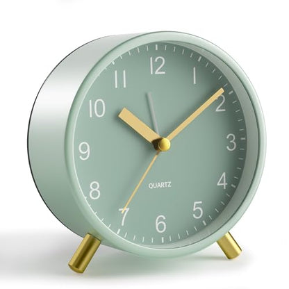 JALL Analog Alarm Clock, 4 inch Super Silent Non Ticking Small Clock with Night Light, Battery Operated, Simple Design, Easy Setting for Office, Bedroom, Bedside, Desk, Teens, Elders, Adult, Green - color: Green+gold