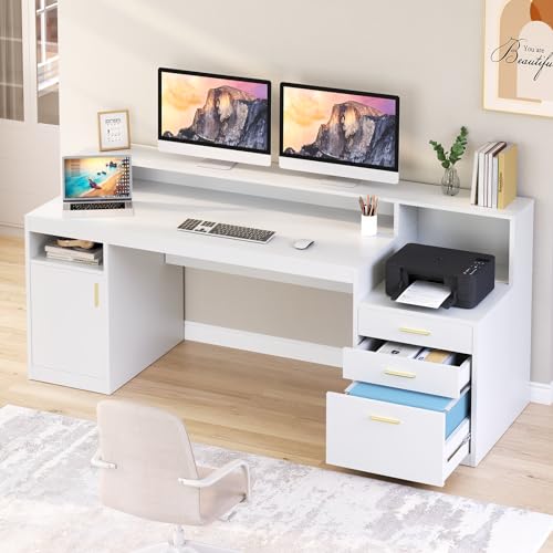 65" White Computer Desk with 3 Drawers & Printer Shelf for Home Office | White Desk with Printer Shelf & File Drawer, Executive Desk Writing Study Table with Monitor Stand, Storage Cabinet - color: White