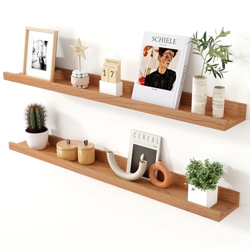 Cherry Picture Ledge Shelf, 36 Inch Floating Shelves Set of 2, Solid Wood Wall Shelves with Lip, Wall Decor Storage for Bedroom Living Room Bathroom Kitchen Nursery Photo, Natural Cherry - color: Cherry, size: 36inch