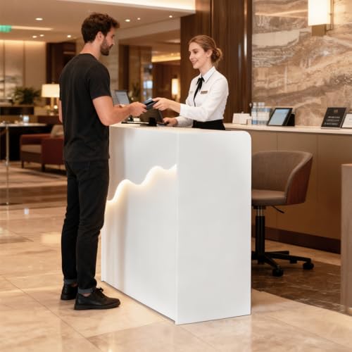 Reception Desk with Counter LED Light, Modern Front Desk with Lockable Drawer, White Retail Checkout Counter for Clothing Store Lobby Beauty Salon (White, 37.8x31.5x15.7in) - size: 37.8x31.5x17.7in