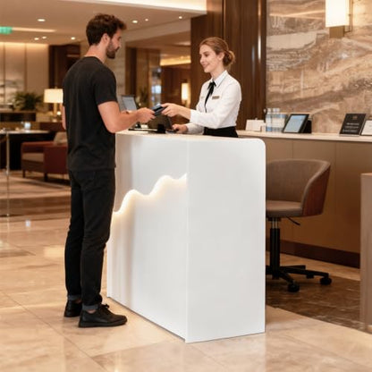Reception Desk with Counter LED Light, Modern Front Desk with Lockable Drawer, White Retail Checkout Counter for Clothing Store Lobby Beauty Salon (White, 37.8x31.5x15.7in) - size: 37.8x31.5x17.7in