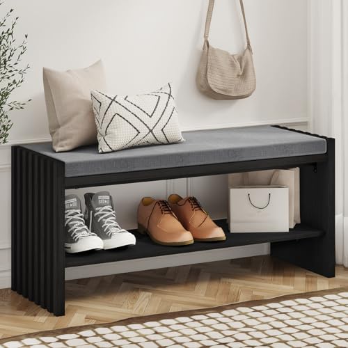 40" Entryway Shoe Bench with Storage & Cushion, Modern Fluted Shoe Rack for Mudroom, Sturdy Wooden Hallway Bench with 360 lbs Capacity, Black Oak - color: Black Oak
