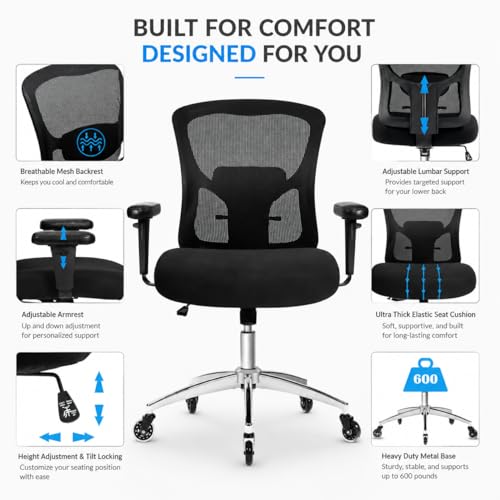 Big and Tall Office Desk Chair with Lumbar Support, 600lbs Heavy Duty Mesh Ergonomic Computer Chair with Armrest and Wide Comfy Seat, Swivel Wheels for Adult, Black - size: 605LBS