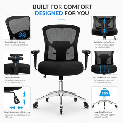 Big and Tall Office Desk Chair with Lumbar Support, 600lbs Heavy Duty Mesh Ergonomic Computer Chair with Armrest and Wide Comfy Seat, Swivel Wheels for Adult, Black - size: 605LBS