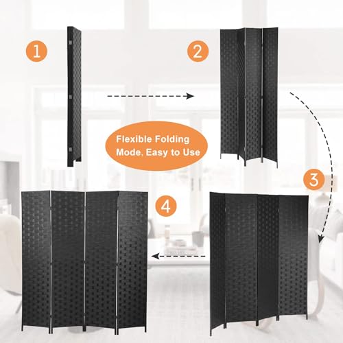 BLKMTY Room Divider, 6ft Folding Privacy Screens, Wall Divider Portable Room Seperating Freestanding Wood Screen, 4 Panels Hand-Woven Design Screen Double Hinged Dividers for Bedroom, Black - color: Black