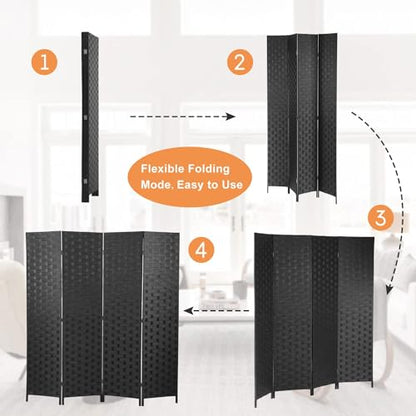 BLKMTY Room Divider, 6ft Folding Privacy Screens, Wall Divider Portable Room Seperating Freestanding Wood Screen, 4 Panels Hand-Woven Design Screen Double Hinged Dividers for Bedroom, Black - color: Black