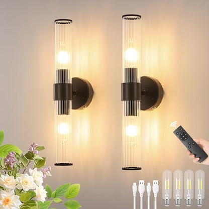 Morauroral Black Battery Operated Wall Sconces Set of 2, Rechargeable Wall Lights with Remote, 20 Inch Modern Wireless Wall Lamp for Bedroom, Living Room with Clear Glass Shade (Bulbs Included) - color: Matte Black