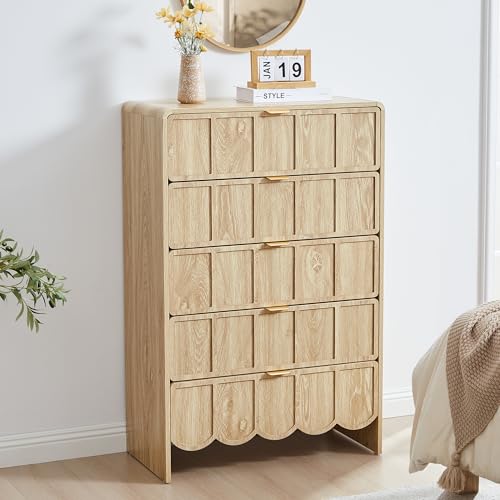 5 Drawer Dresser for Bedroom, Modern Closet Chest of Drawers with Wave Fluted Drawer, Wood Storage Small Dresser Organizer for Nursery Bedroom Living Room Hallway Closet (Natural) - color: Natural Scallop 5 Drawer