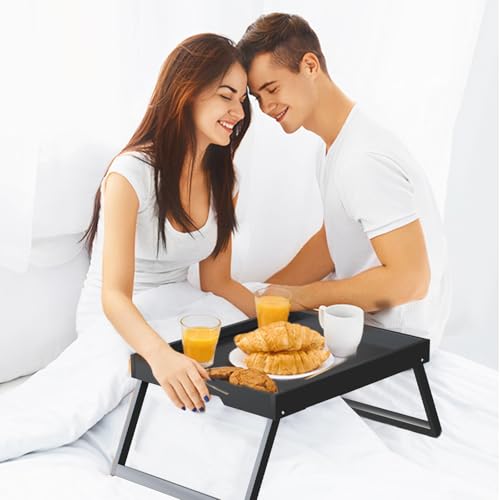 Bamboo Bed Tray Tables with Folding Legs, Medium, 2-Pack, Black | Two FSC-certified bamboo bed trays with folding legs, handles and raised edges for meals, laptops, reading and serving. - color: Black, size: Medium - 2pc