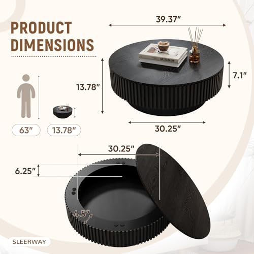 39.37'' Round Coffee Table with Storage, Modern Wooden Fluted Circle Coffee Table Unique Drum Center Table Wood Circular Tea Table for Living Room, Small Apartment, Office, Black - color: Storage Black, size: 39.37 inch