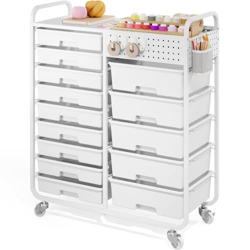14 Drawer Rolling Storage Cart with Tabletop and Pegboard for Crafts White | Easy Setup, Large Capacity, Sturdy Build, Smooth Mobility, For classroom, office and dorm supplies - color: White