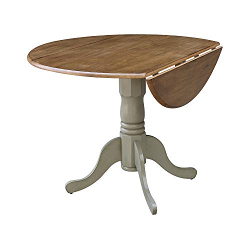 IC International Concepts, 42" Round Dual Drop Leaf Pedestal Dining Table, Solid Real Wood, Sturdy Parawood, Distressed Hickory/Stone - color: Distressed Hickory/Stone